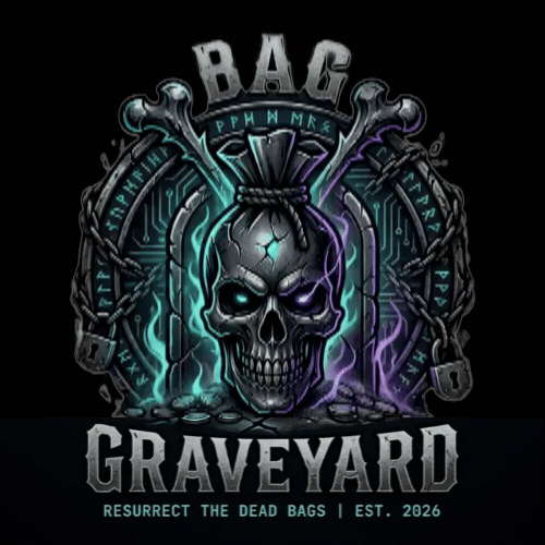 Bag Graveyard — skull emerging from a coin bag, flanked by crossed bones and rune arches
